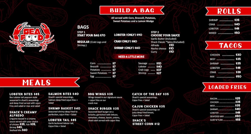 black and red seafood menu with prices